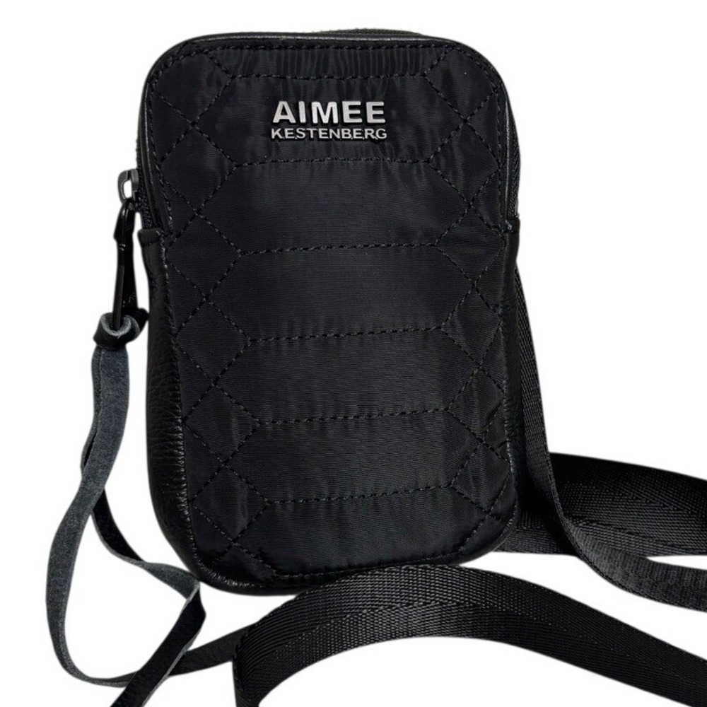 Aimee Kestenberg Black Quilted Nylon Crossbody Phone Bag Leather Trim Small